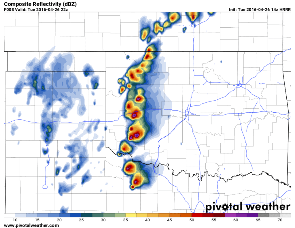 Supercell storms develop around 3pm in W OK along dryline.
