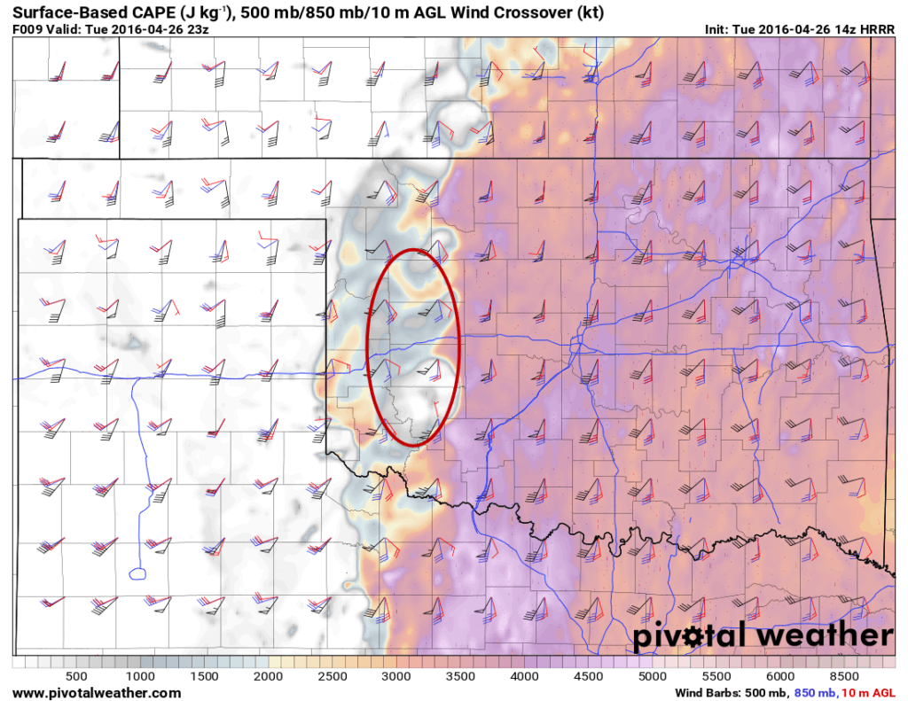 Best shear according to the model in W OK early to mid afternoon.
