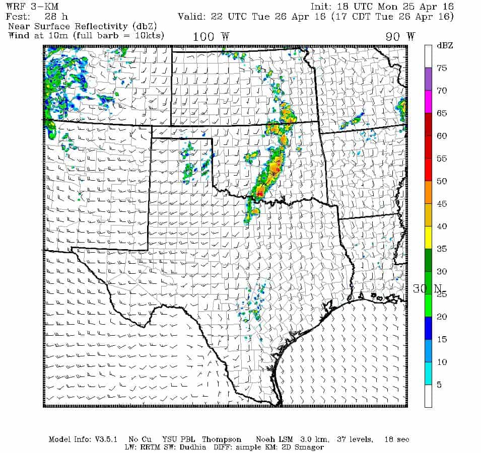 Hi-res model indicating storms turn severe just east of I-35.