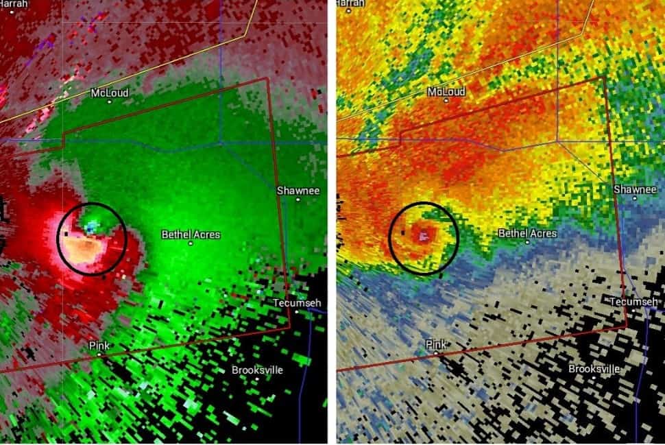 Radar tornado signature. Hook echo on right, velocity couplet on left.