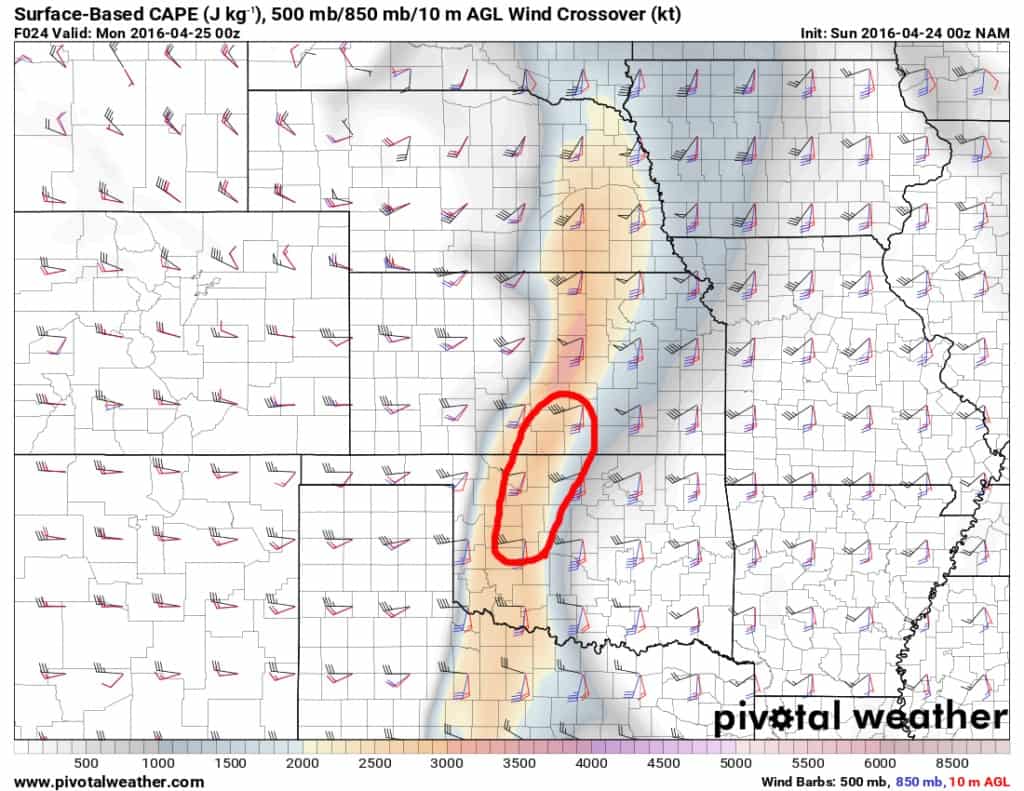 Red outline indicates most favorable area for storms and possible tornadoes Sunday.