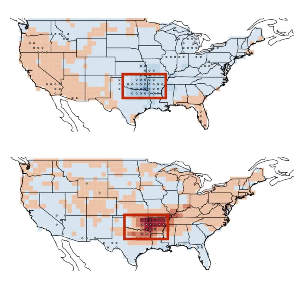 When ENSO is in a hot, or El Niño, phase (top), the frequency of tornadoes goes down. When it is in a cold, or La Niña phase, tornadoes increase. The effect is strongest in the boxed area. Credit: Allen et al., Nature Geoscience, 2015