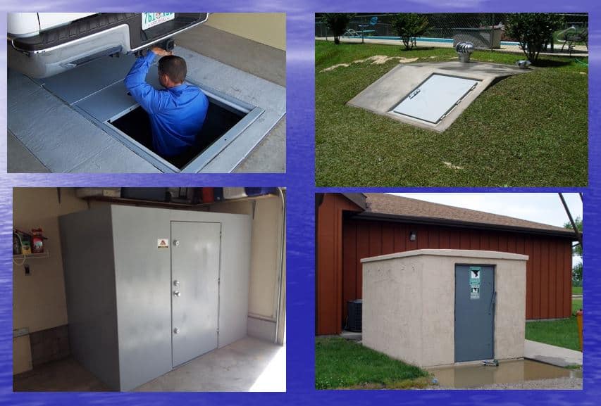 Various types of storm shelters.