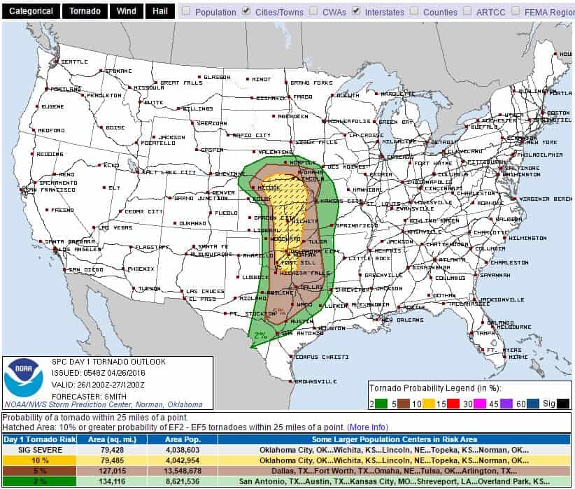 SPC tornado probability for today.
