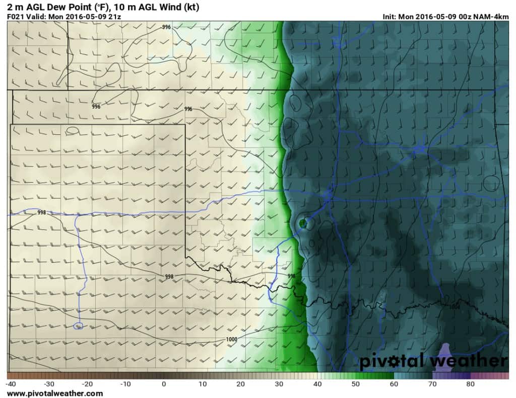 Dryline, noted at the left side of the dark green color.
