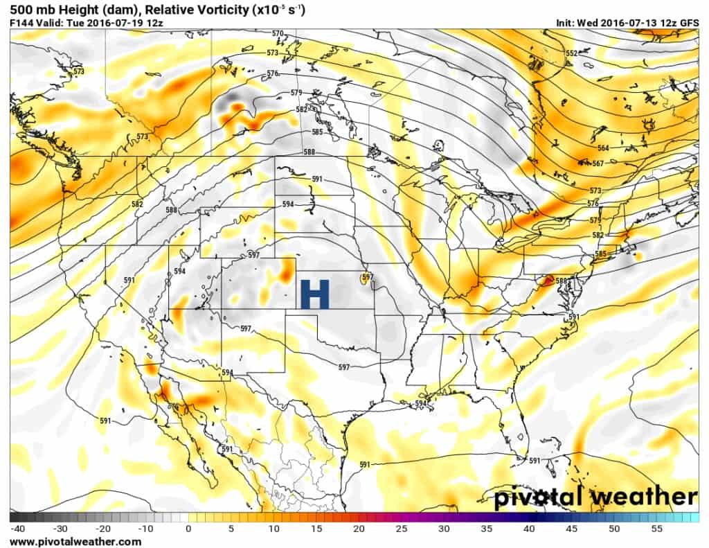 Upper level ridge of high pressure (heights) builds back in.