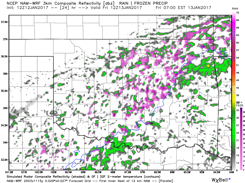 Rain on the right side of the blue line, and freezing rain/drizzle on the left side (in pink).