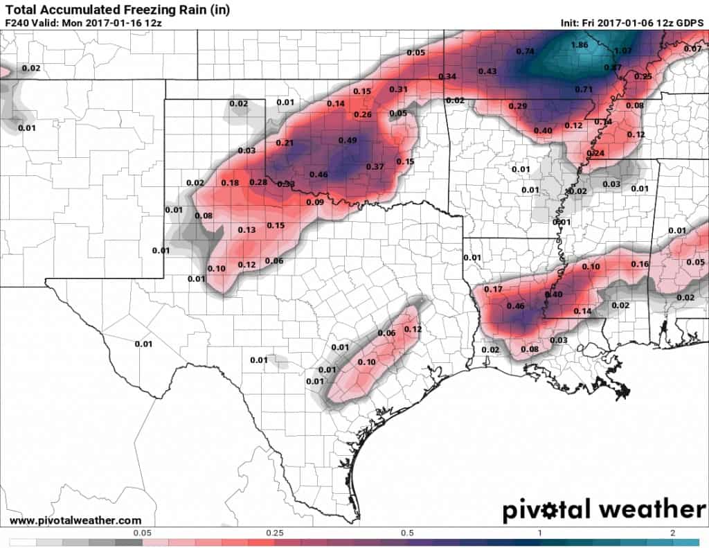Computer model ice accumulation prediction for Friday-Sunday.